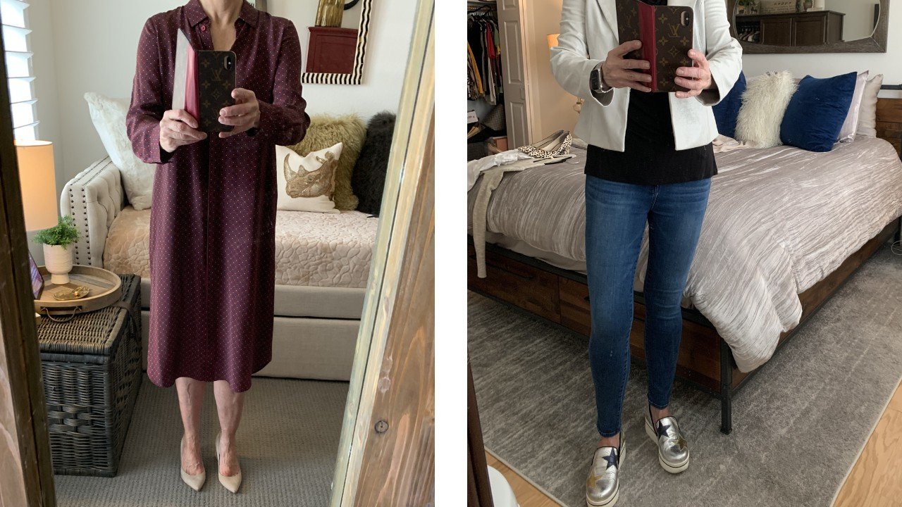 Side-by-side photos of a person taking mirror selfies; on the left, wearing a maroon dress and heels, on the right, wearing jeans, sneakers, a black top, and a white jacket.